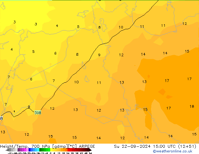 Height/Temp. 700 hPa ARPEGE nie. 22.09.2024 15 UTC