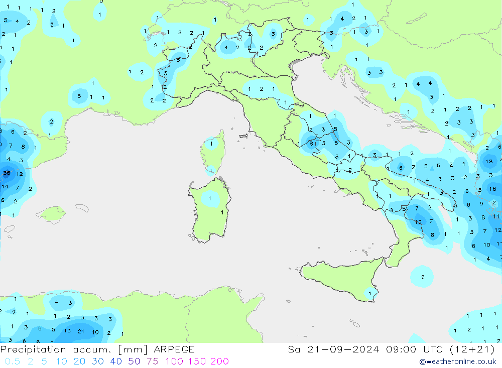 Precipitation accum. ARPEGE Sa 21.09.2024 09 UTC