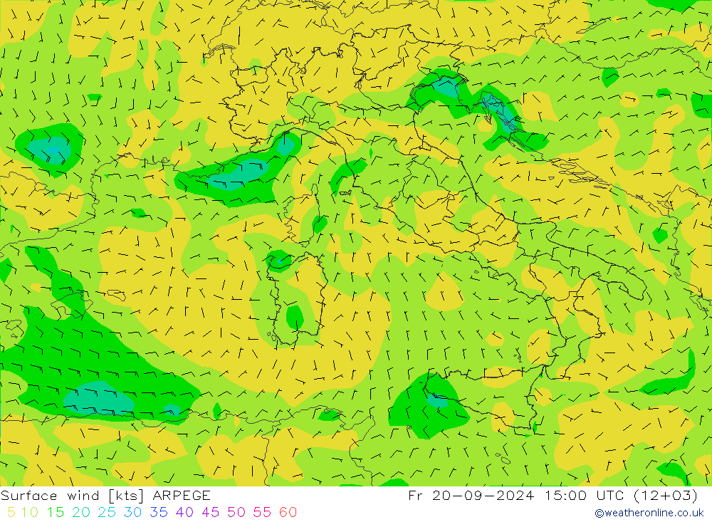 wiatr 10 m ARPEGE pt. 20.09.2024 15 UTC