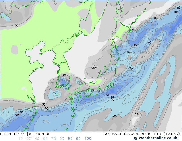 RH 700 hPa ARPEGE Seg 23.09.2024 00 UTC