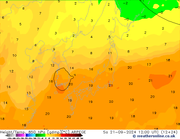 Height/Temp. 850 hPa ARPEGE Sa 21.09.2024 12 UTC