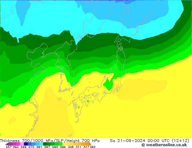 Thck 700-1000 гПа ARPEGE сб 21.09.2024 00 UTC