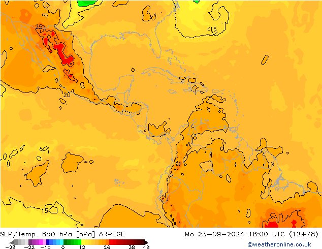 SLP/Temp. 850 hPa ARPEGE lun 23.09.2024 18 UTC