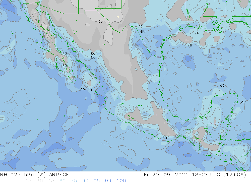 Humidité rel. 925 hPa ARPEGE ven 20.09.2024 18 UTC