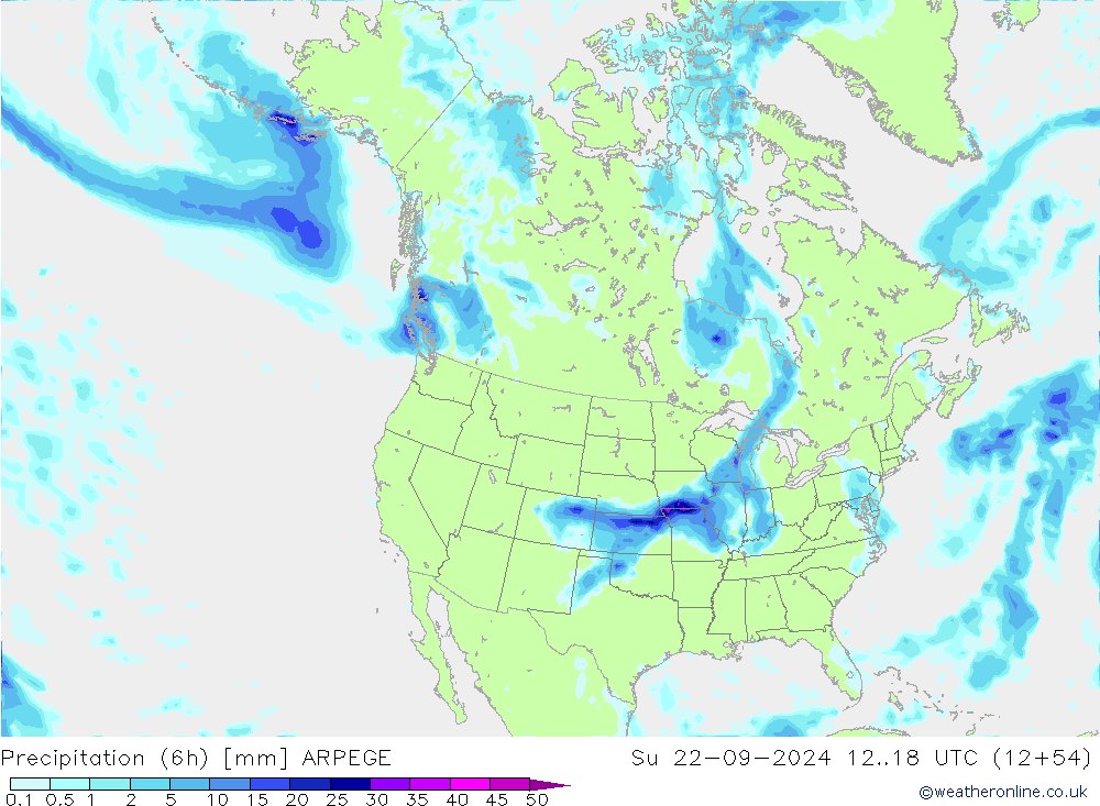 Precipitation (6h) ARPEGE Ne 22.09.2024 18 UTC