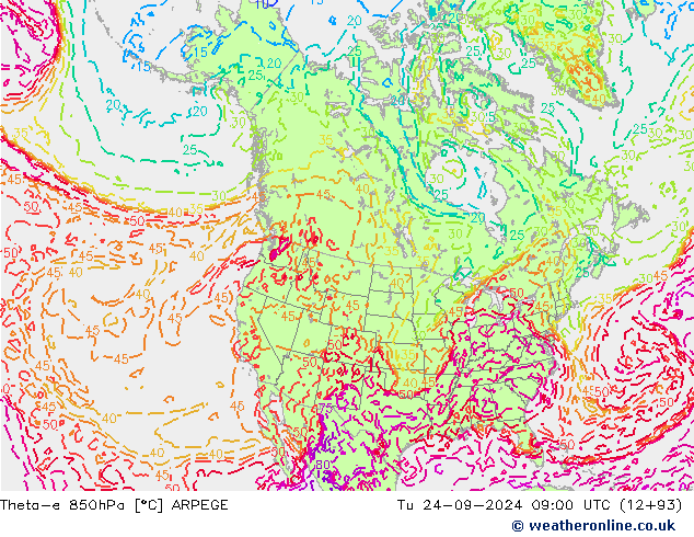 Theta-e 850hPa ARPEGE Tu 24.09.2024 09 UTC