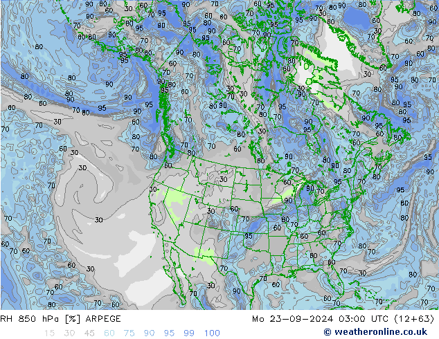 RH 850 hPa ARPEGE Po 23.09.2024 03 UTC