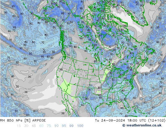 RH 850 hPa ARPEGE Tu 24.09.2024 18 UTC