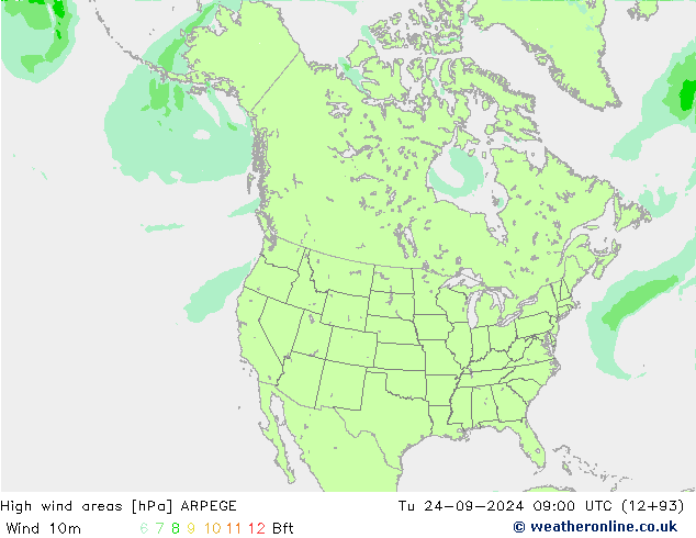 High wind areas ARPEGE Tu 24.09.2024 09 UTC