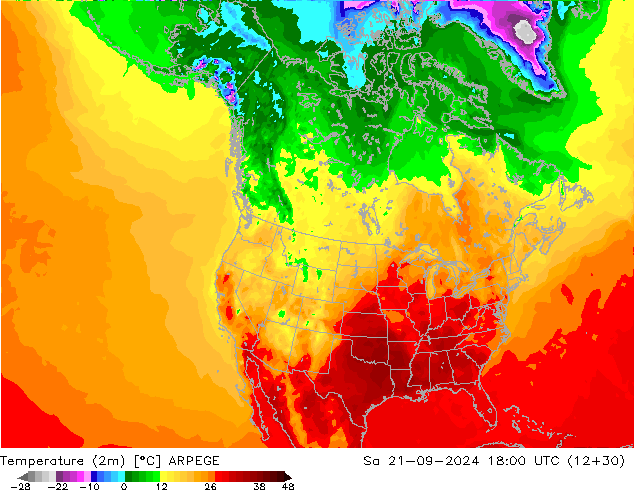 Temperatura (2m) ARPEGE sab 21.09.2024 18 UTC