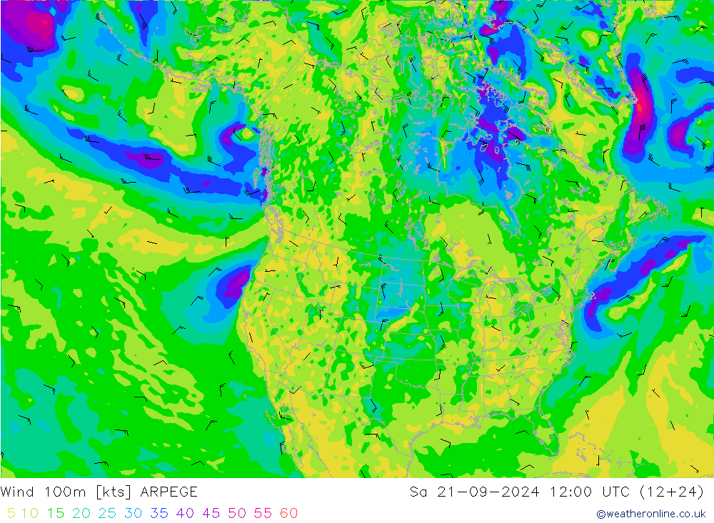 Vent 100m ARPEGE sam 21.09.2024 12 UTC