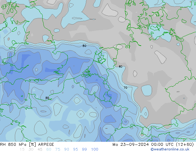 RH 850 hPa ARPEGE pon. 23.09.2024 00 UTC