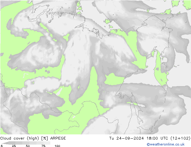 Cloud cover (high) ARPEGE Tu 24.09.2024 18 UTC