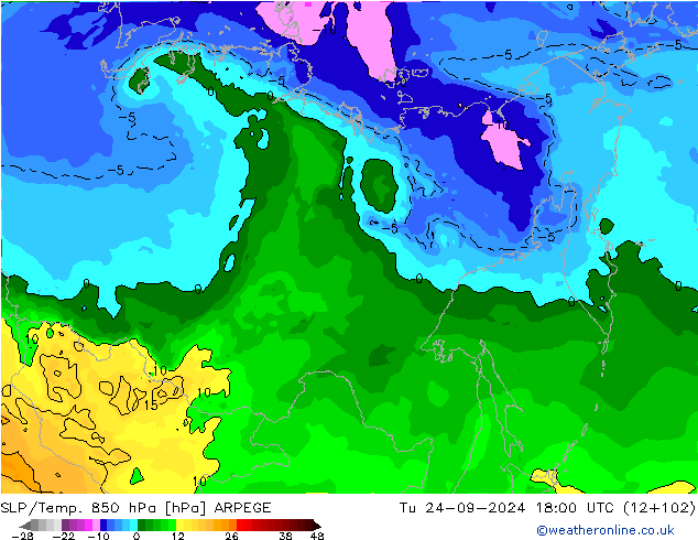 SLP/Temp. 850 hPa ARPEGE  24.09.2024 18 UTC