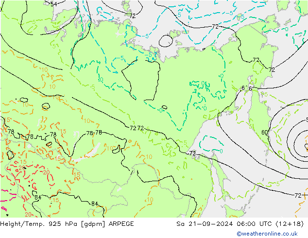 Height/Temp. 925 hPa ARPEGE sab 21.09.2024 06 UTC