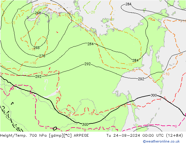 Height/Temp. 700 hPa ARPEGE Út 24.09.2024 00 UTC