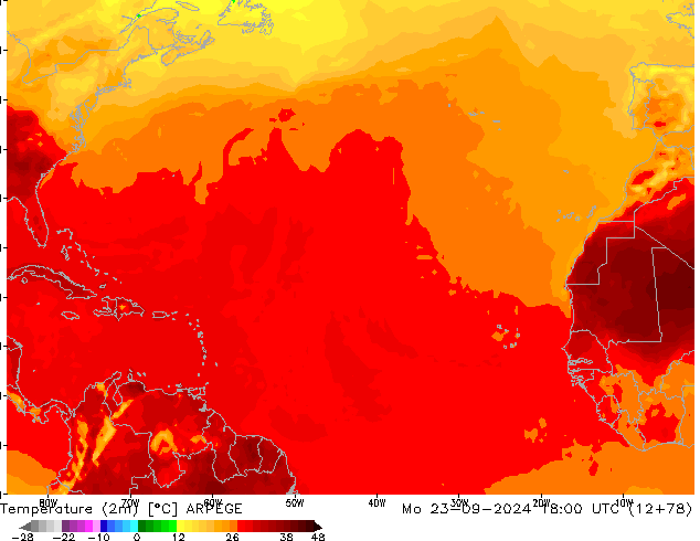 Temperature (2m) ARPEGE Po 23.09.2024 18 UTC