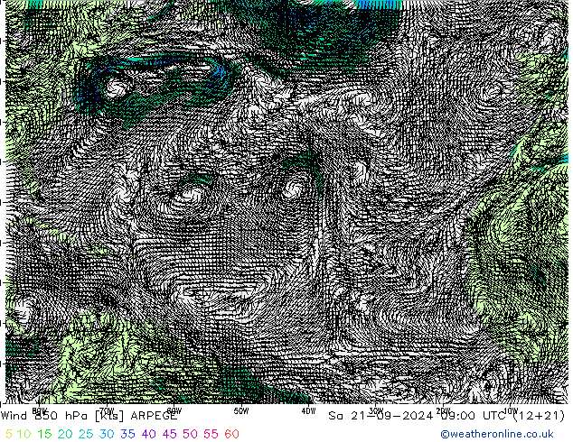 wiatr 850 hPa ARPEGE so. 21.09.2024 09 UTC