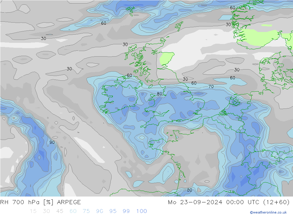 Humidité rel. 700 hPa ARPEGE lun 23.09.2024 00 UTC