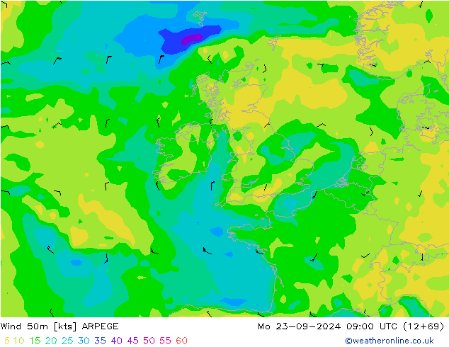 ветер 50 m ARPEGE пн 23.09.2024 09 UTC