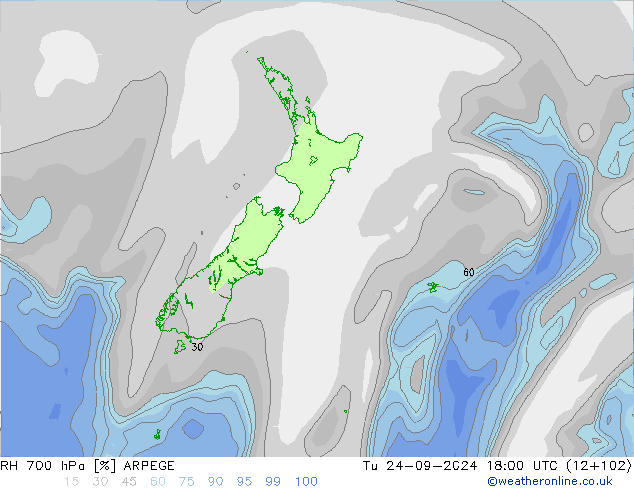 RH 700 hPa ARPEGE Út 24.09.2024 18 UTC