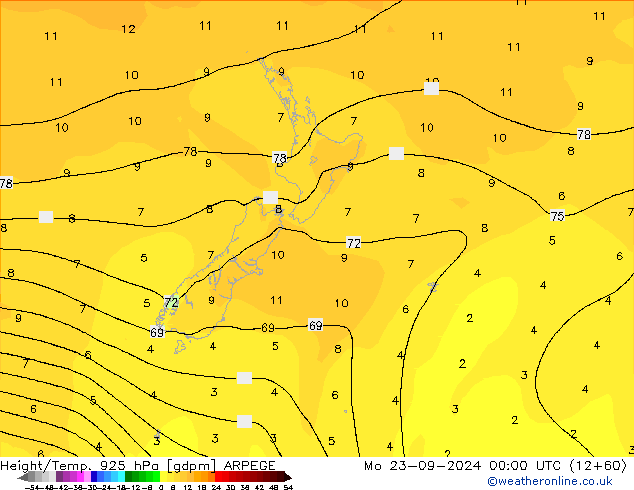 Hoogte/Temp. 925 hPa ARPEGE ma 23.09.2024 00 UTC