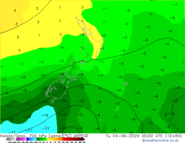 Height/Temp. 700 hPa ARPEGE Ter 24.09.2024 00 UTC