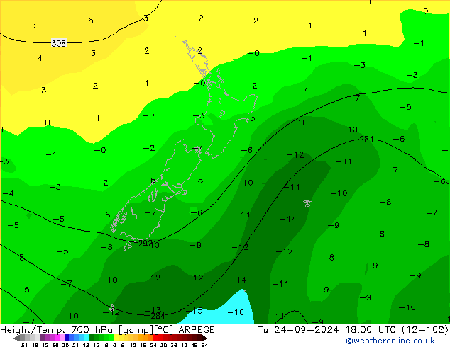 Height/Temp. 700 hPa ARPEGE Út 24.09.2024 18 UTC