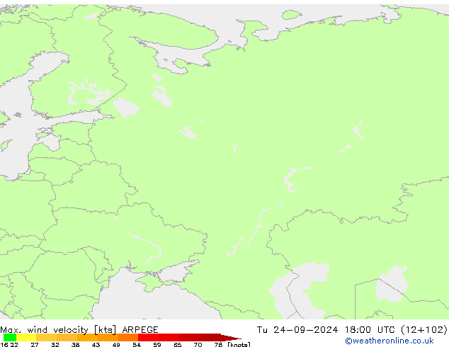 Max. wind velocity ARPEGE Tu 24.09.2024 18 UTC