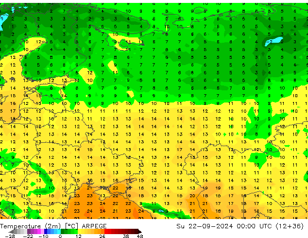 Temperature (2m) ARPEGE Su 22.09.2024 00 UTC