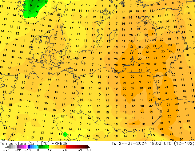 mapa temperatury (2m) ARPEGE wto. 24.09.2024 18 UTC