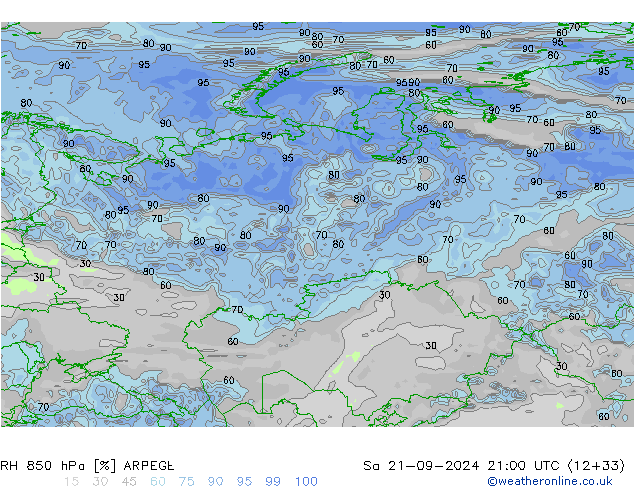 Humedad rel. 850hPa ARPEGE sáb 21.09.2024 21 UTC