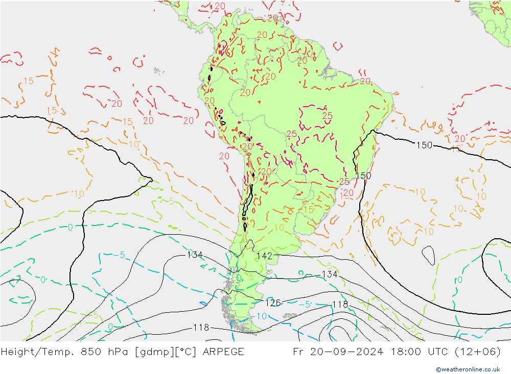 Geop./Temp. 850 hPa ARPEGE vie 20.09.2024 18 UTC