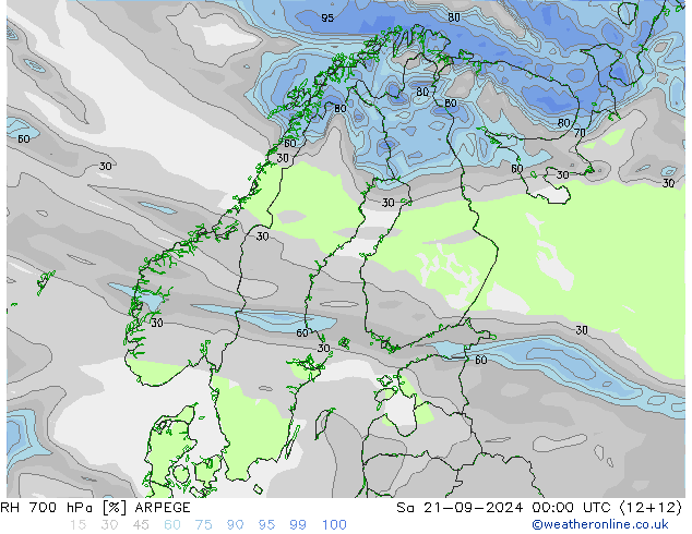 Humidité rel. 700 hPa ARPEGE sam 21.09.2024 00 UTC