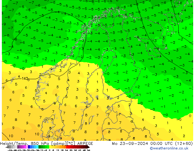 Height/Temp. 850 hPa ARPEGE Mo 23.09.2024 00 UTC