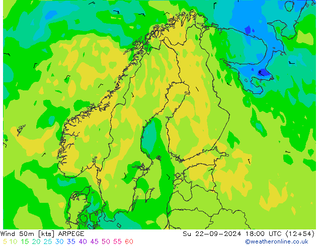 Wind 50m ARPEGE Su 22.09.2024 18 UTC