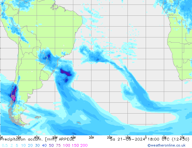 Precipitation accum. ARPEGE So 21.09.2024 18 UTC