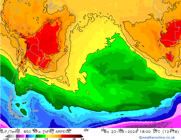 SLP/Temp. 850 hPa ARPEGE Mo 23.09.2024 18 UTC