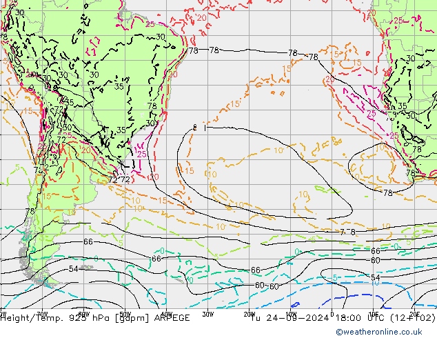 Height/Temp. 925 hPa ARPEGE Ter 24.09.2024 18 UTC