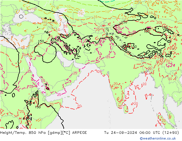 Yükseklik/Sıc. 850 hPa ARPEGE Sa 24.09.2024 06 UTC