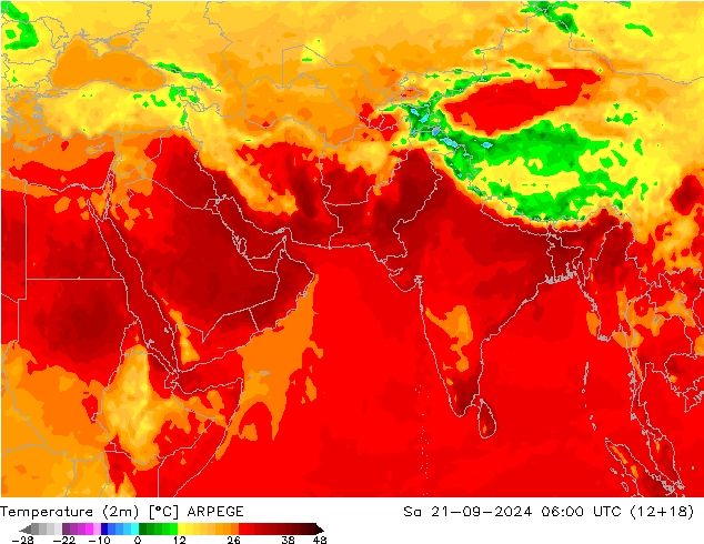 Temperatura (2m) ARPEGE sab 21.09.2024 06 UTC