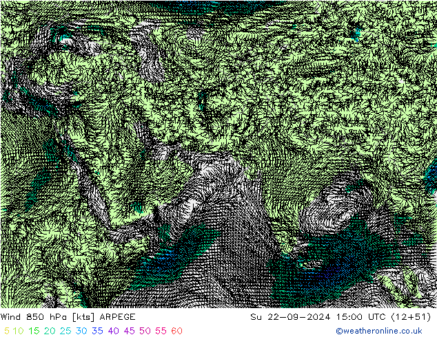 Wind 850 hPa ARPEGE Su 22.09.2024 15 UTC