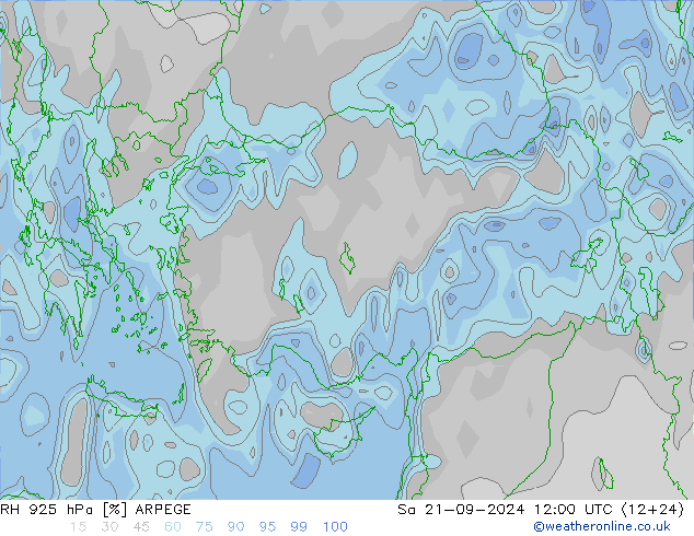 Humidité rel. 925 hPa ARPEGE sam 21.09.2024 12 UTC