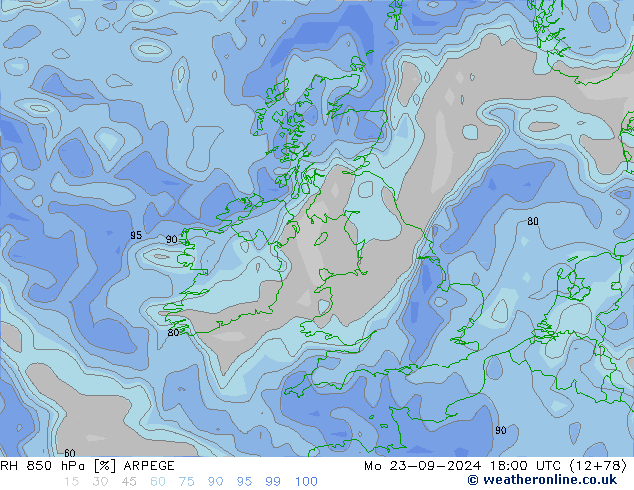 RH 850 hPa ARPEGE Mo 23.09.2024 18 UTC