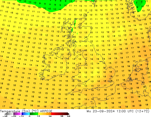 Temperature (2m) ARPEGE Mo 23.09.2024 12 UTC