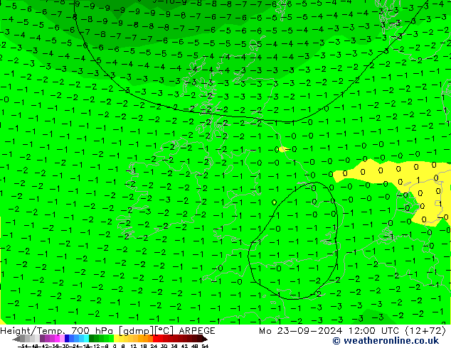 Height/Temp. 700 hPa ARPEGE Mo 23.09.2024 12 UTC