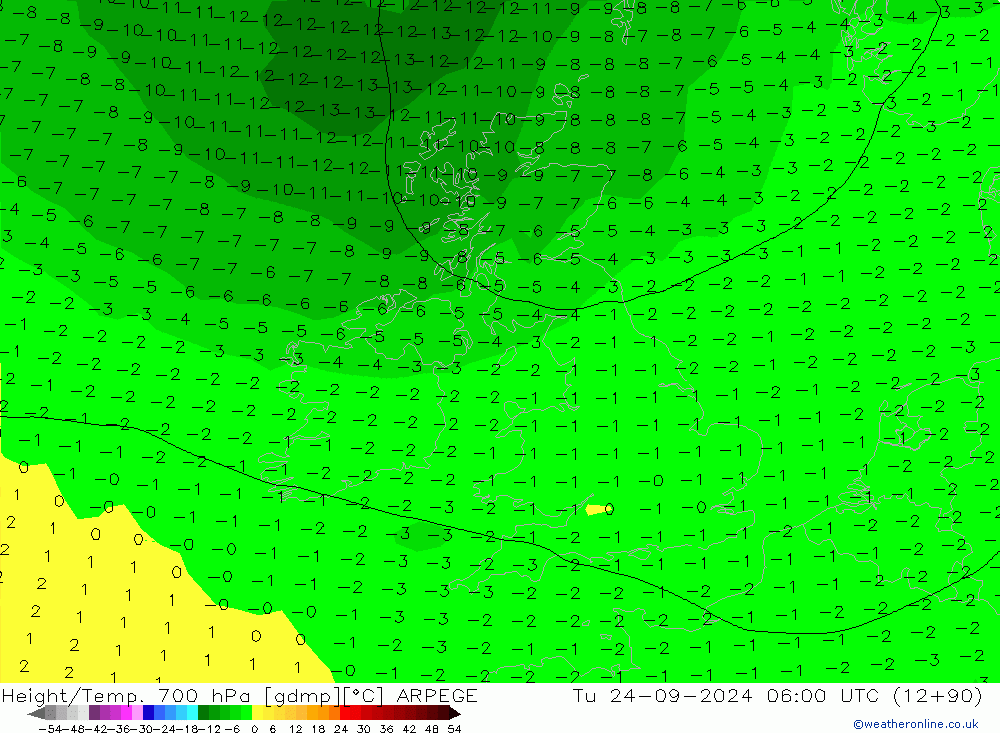 Hoogte/Temp. 700 hPa ARPEGE di 24.09.2024 06 UTC