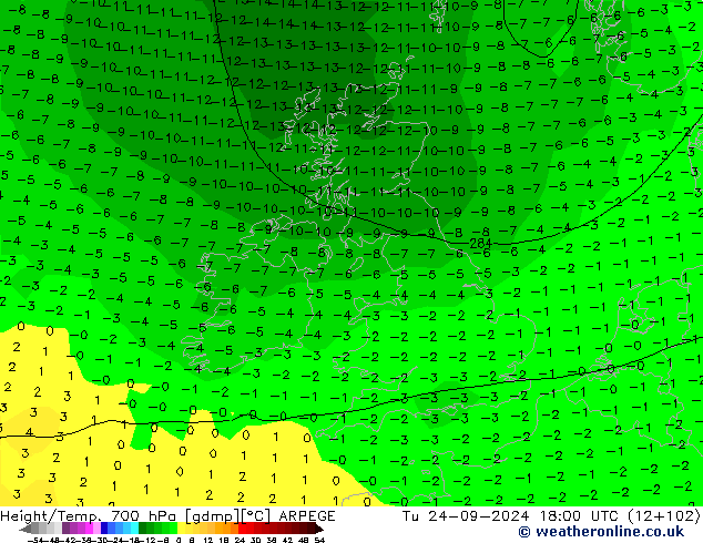 Géop./Temp. 700 hPa ARPEGE mar 24.09.2024 18 UTC