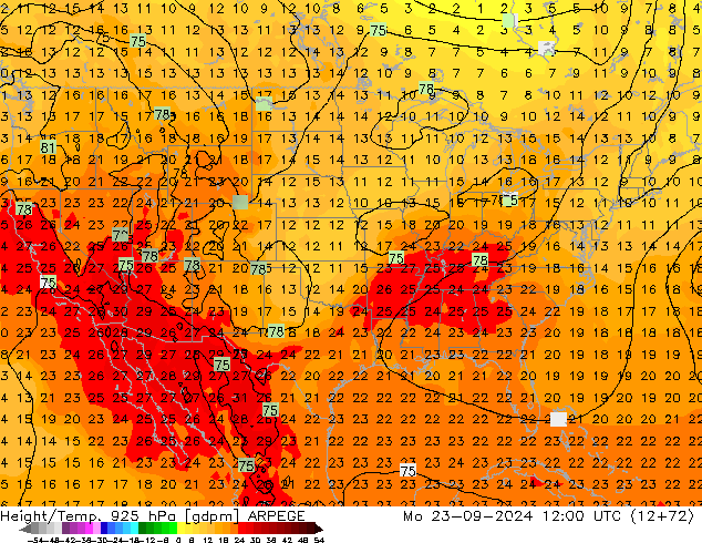 Height/Temp. 925 hPa ARPEGE Mo 23.09.2024 12 UTC