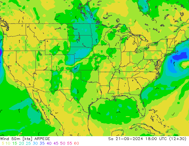 Vent 50 m ARPEGE sam 21.09.2024 18 UTC